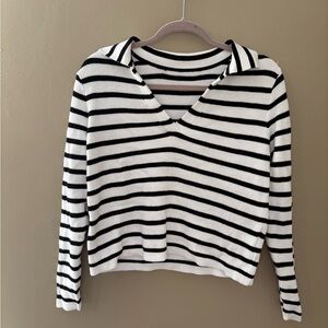 NEW Boutique Black White Striped Collared Cotton Top Medium French Girl Coastal